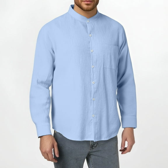Dpytoraw Men's Spring And Autumn Fashion Linen Long Sleeved Stand Up Collar Shirt Breathable Casual New Chinese Pocket Top Men’s Classic Fit Button Down Shirts