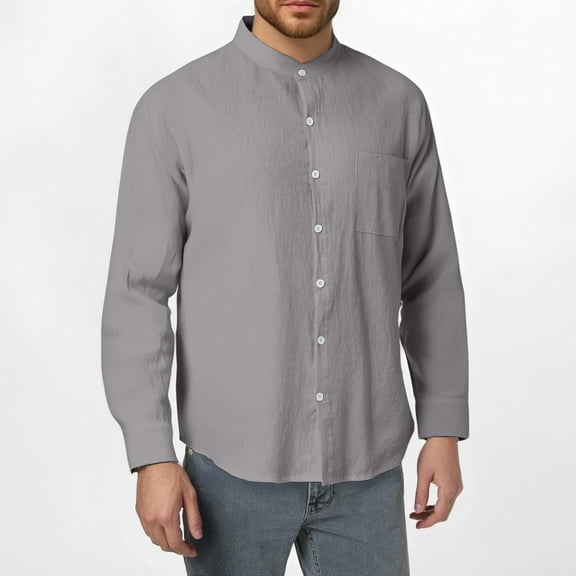Dpytoraw Men's Spring And Autumn Fashion Linen Long Sleeved Stand Up Collar Shirt Breathable Casual New Chinese Pocket Top Men’s Moisture-Wicking Casual Shirts for Summer