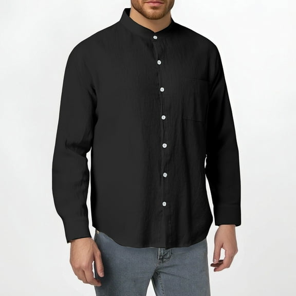 Dpytoraw Men's Spring And Autumn Fashion Linen Long Sleeved Stand Up Collar Shirt Breathable Casual New Chinese Pocket Top Men’s Moisture-Wicking Casual Shirts for Summer