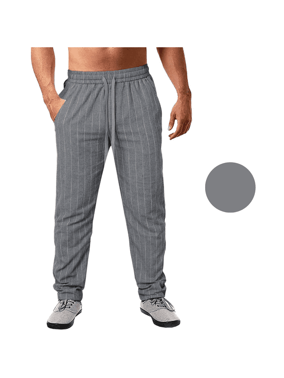 Men's Striped Cotton Linen Casual Pants Vertical Print Comfort Trousers Gray M