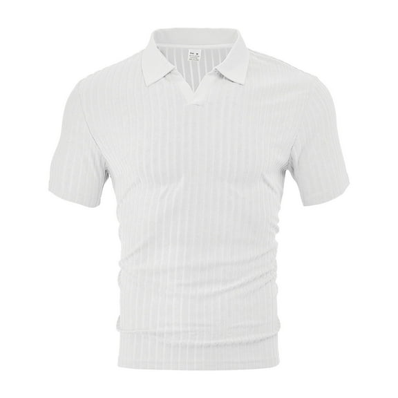 Dpytoraw Men's Striped Short Sleeve Shirt With Jacquard Fabric Breathable Casual Style Top For Summer Wear Cotton T-Shirts Men White L
