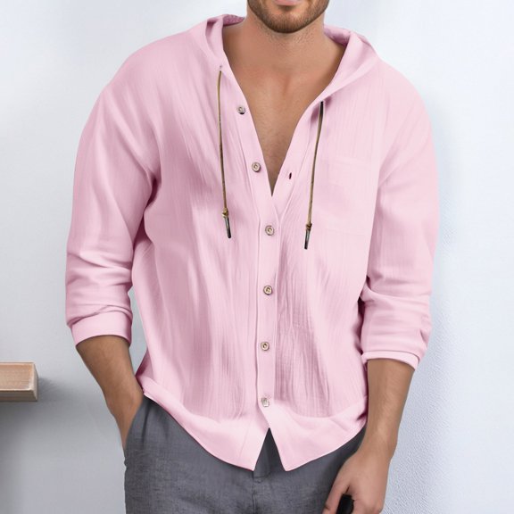 Dpytoraw Men's Stylish Solid Color Pocket Casual Button Hooded Shirt Comfortable Top Men’s Wrinkle-Resistant Long Sleeve Work Shirts