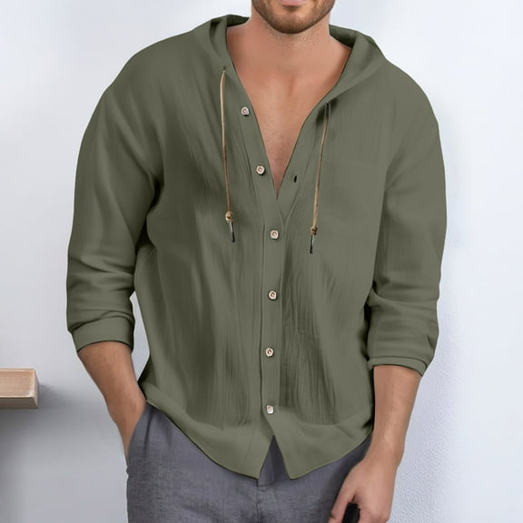 Dpytoraw Men's Stylish Solid Color Pocket Casual Button Hooded Shirt Comfortable Top Men’s Wrinkle-Resistant Long Sleeve Work Shirts
