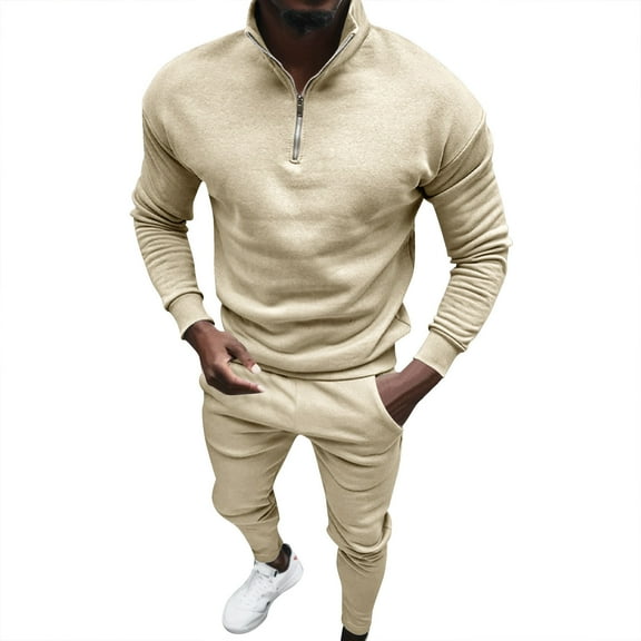 Dpytoraw Men's Suit Fashion Sports Solid Color Long Sleeve Half Plus Solid Color Pants Two Piece Set