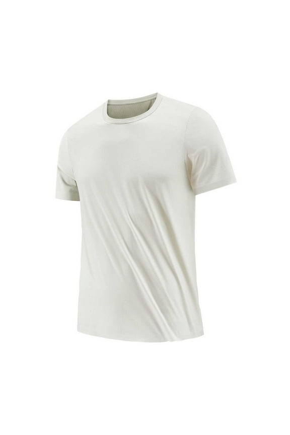Men's Summer Fashion Solid Color Ice Silk T Shirt Round Neck Quick Drying Clothes Plain White T-Shirts Men Beige M