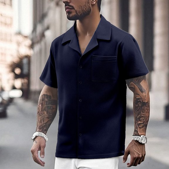 Dpytoraw Men's Summer Lapel Solid Color Short Sleeved Button Down Casual Fashion Shirt Men’s Moisture-Wicking Casual Shirts for Summer