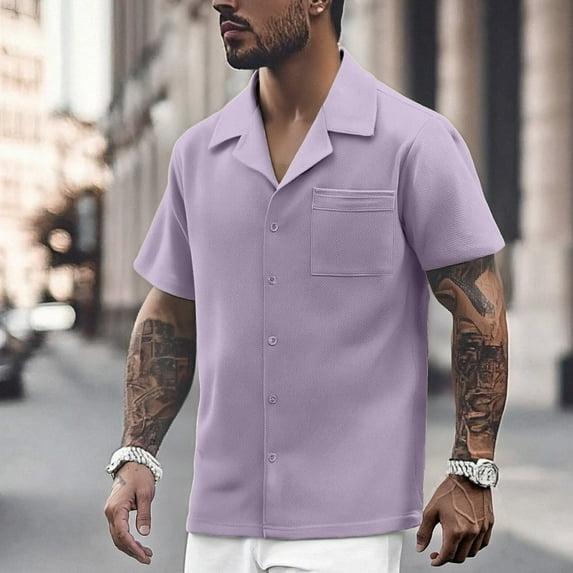 Dpytoraw Men's Summer Lapel Solid Color Short Sleeved Button Down Casual Fashion Shirt Men’s Moisture-Wicking Casual Shirts for Summer