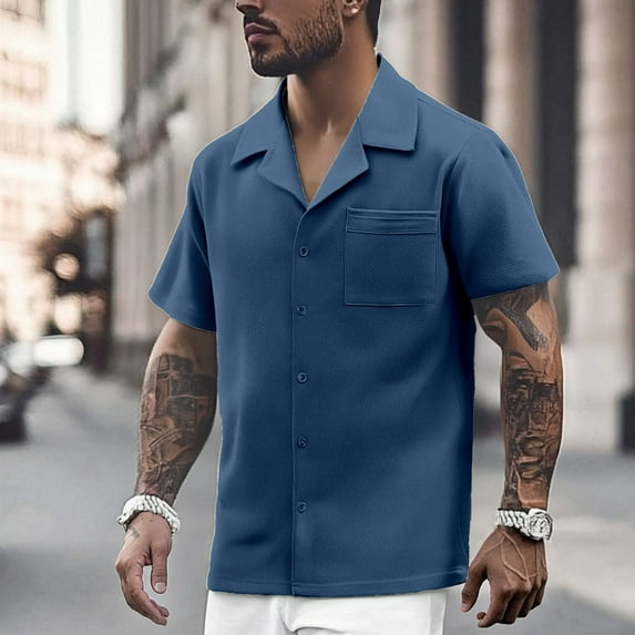 Dpytoraw Men's Summer Lapel Solid Color Short Sleeved Button Down Casual Fashion Shirt Men’s Moisture-Wicking Casual Shirts for Summer