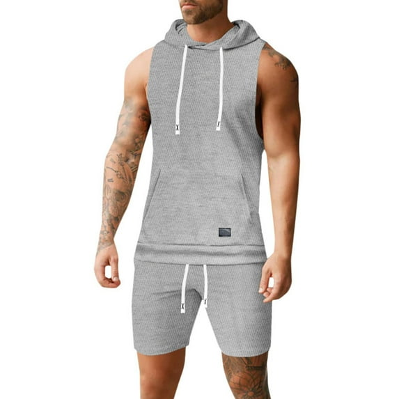 Dpytoraw Men's Workout Hooded Tank Tops Sleeveless Gym Shirt Sweat Shorts Hoodie Set 2 Piece Outfits Jogging Suits