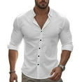 thumbnail image 1 of Dpytoraw Mens Fashion Casual Cot Ton And Buckle Solid Color Nine Sleeve Shirt Shirt Top Men’s Linen Shirts, 1 of 5