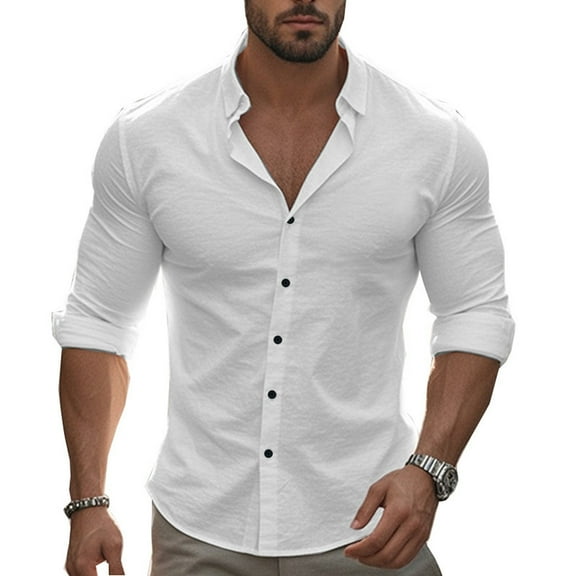 Dpytoraw Mens Fashion Casual Cot Ton And Buckle Solid Color Nine Sleeve Shirt Shirt Top Men’s Linen Shirts
