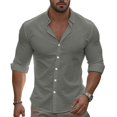 thumbnail image 1 of Dpytoraw Mens Fashion Casual Cot Ton And Buckle Solid Color Nine Sleeve Shirt Shirt Top Men’s Linen Shirts, 1 of 5
