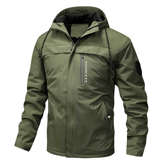 Dpytoraw Mens Hooded Outdoor Jacket Solid Color Long Sleeve Zipper Multi Pocket Male Autumn Jacket Retro Style