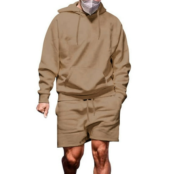 Dpytoraw Mens Loose Fitting Casual Sports High Street Trend Shorts Hooded Long Sleeved Pullover Set Shorts Set