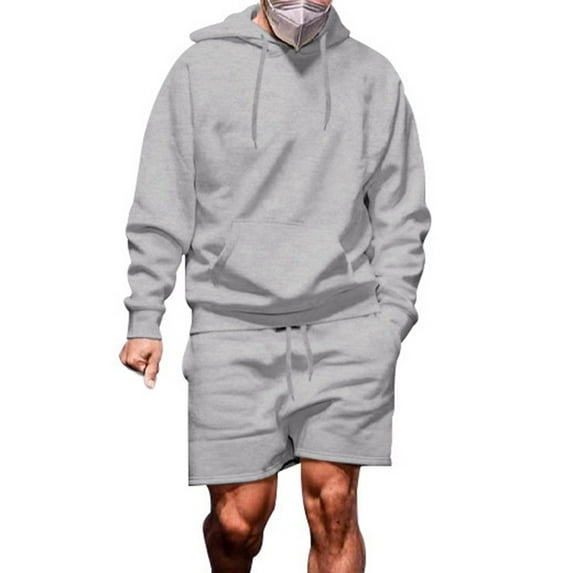 Dpytoraw Mens Loose Fitting Casual Sports High Street Trend Shorts Hooded Long Sleeved Pullover Set Shorts Set