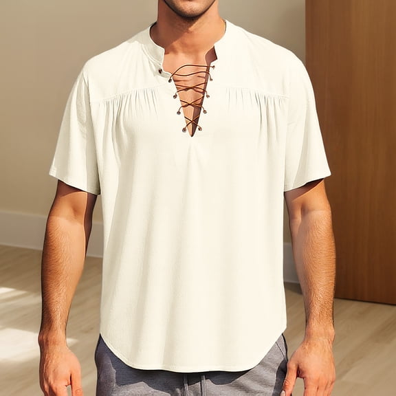 Dpytoraw Mens Spring And Summer Solid Color Solid Color Tie Up Collar Short Sleeved Shirt Top Men’s Casual Shirts