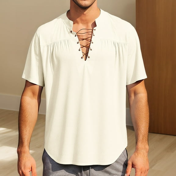 Dpytoraw Mens Spring And Summer Solid Color Solid Color Tie Up Collar Short Sleeved Shirt Top Men’s Casual Shirts