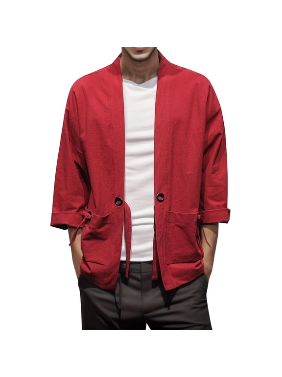 Mens Style National Style Retro Loose Thin Cardigan Kimono Japanese Robe 7 Cropped Sleeve Coat Plus Size Retro Hanfu Tang Suit