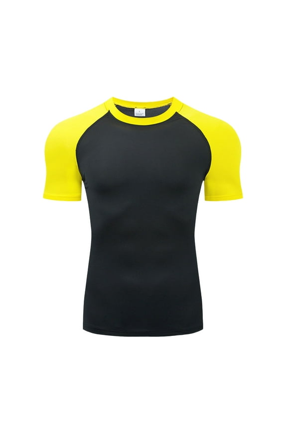 Mens Tight Fitting Training Clothes Sports Fitness Clothes Running Clothes Sweat Wicking Quick Drying Short Sleeved T Shirt Top V-Neck T-Shirts Men Yellow XXXL