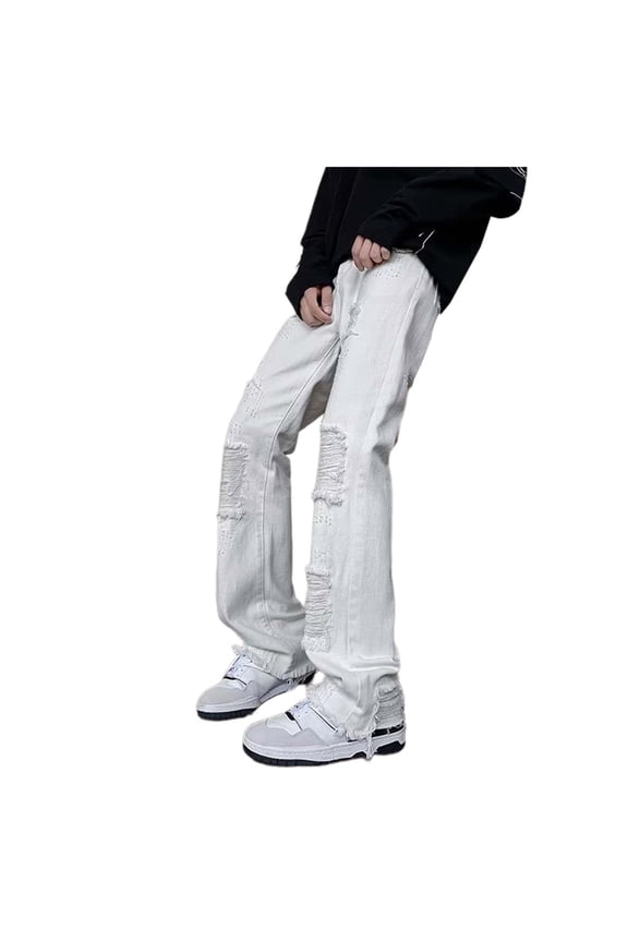 Mens Wide Leg Jeans Elastic Waist Baggy Jeans Casual Drawstring Denim Pants Trousers