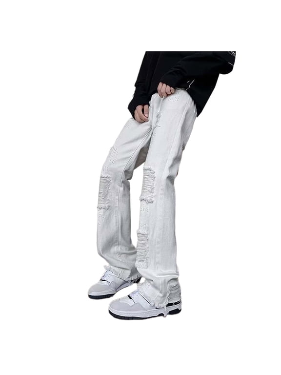 Mens Wide Leg Jeans Elastic Waist Baggy Jeans Casual Drawstring Denim Pants Trousers