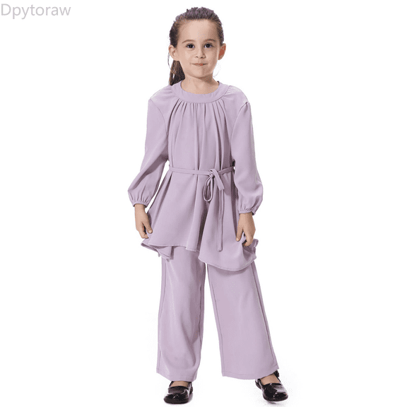 Dpytoraw Muslim Girls Abaya Dress Set Loose Flowy Pants Outfit For Everyday Wear Clothing Southeast Asian Style Comfortable Kids Outfit Back to school outfits 2026 Size Purple 3-4 Years