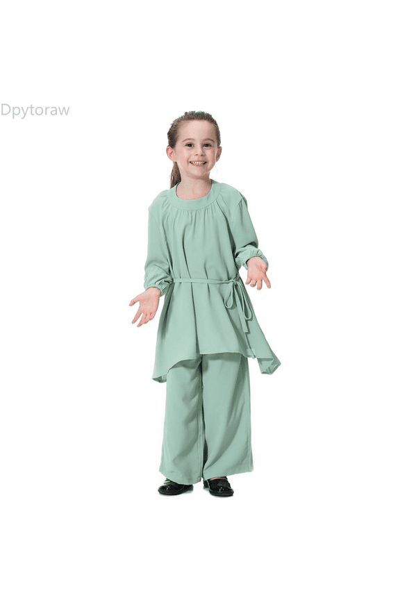 Muslim Girls Abaya Dress Set Loose Flowy Pants Outfit For Everyday Wear Clothing Southeast Asian Style Comfortable Kids Outfit Back to school outfits 2026 Size Green 8-9 Years