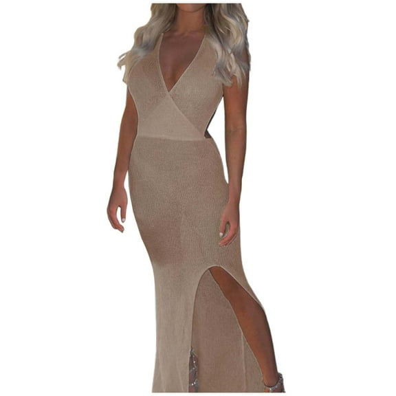 Dpytoraw New V Neck Backless Lace Up See Through Crochet Beach Suspender Long Skirt Women’s Lace Formal Evening Dresses