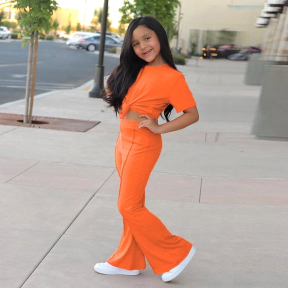 Dpytoraw Newborn Infant Baby Kids Girls Boys Autumn Solid Cotton Short Sleeve T Shirt Long Pants Set Outfits Clothes Spring floral girls matching sets Size Orange 6-7 Years