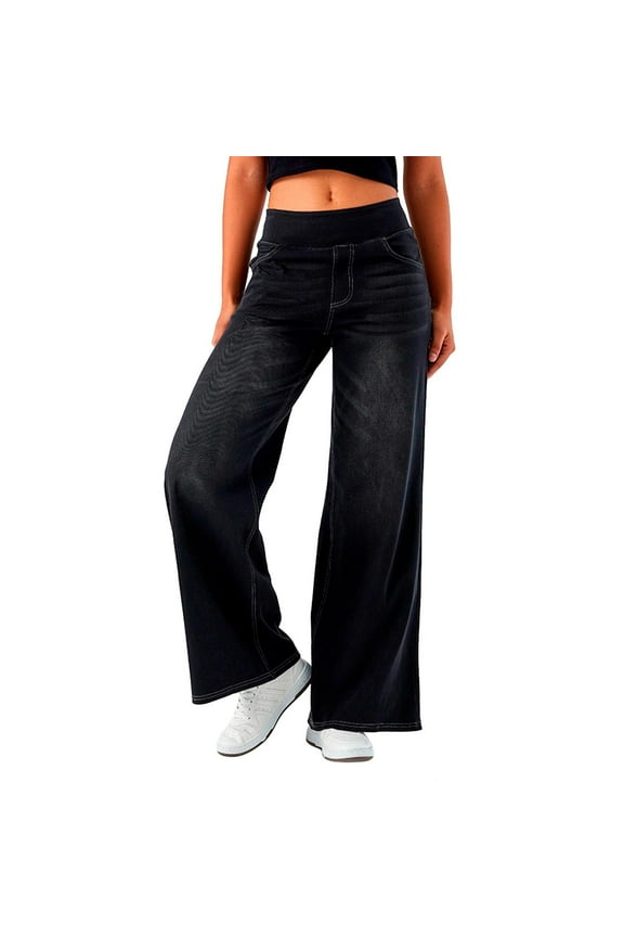 Pull On Wide Leg Jeans For Women High Waisted Stretchy Baggy Trendy Straight Leg Jeans Denim Pants Petite Length Casual Pants Women Dark Gray M