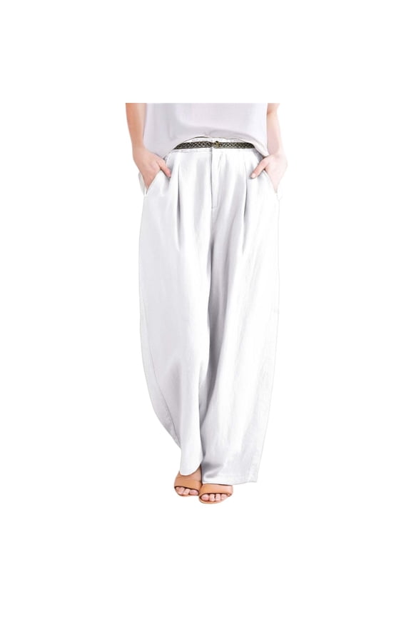 Retro Embroidered Linen Wide Leg Pants For Women Summer Casual Trousers With Comfortable Draping Style Women's Casual Pants With Pockets White L