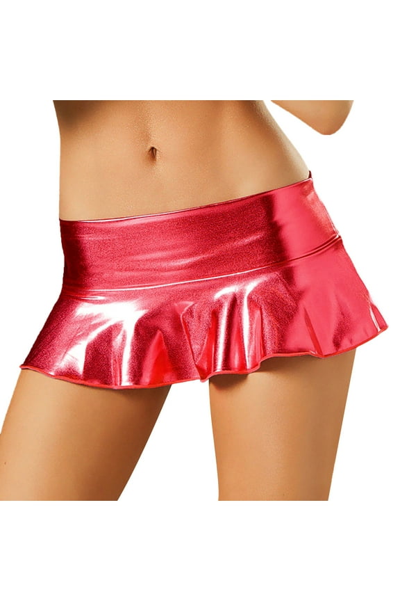 Short Mini Skirts For Women Trendy High Waisted Leather Pleated Solid Ruffle Skirt Red S