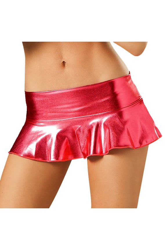 Short Mini Skirts For Women Trendy High Waisted Leather Pleated Solid Ruffle Skirt Red XXL