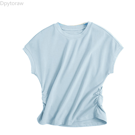 Dpytoraw Silk Knit Top For Girls Elegant Waist Design Flutter Sleeve Blouse With Ruffle Detail Slim Fit Round Neck Shirt Girls Tee Size Blue 14-15 Years