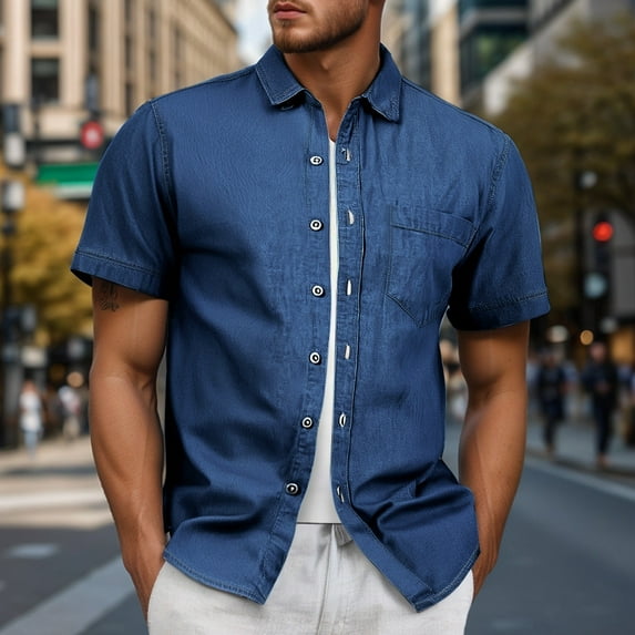 Dpytoraw Slim Fit Washed Denim Shirt For Men Short Sleeved And Lightweight For Summer Wear Men’s Plaid Shirts
