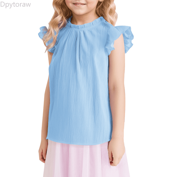 Dpytoraw Solid Color Ruffled Short Sleeve Fashion Casual Cute Girl Ruffled Neck Pleated Texture Shirt Summer Girl Tops Size Blue 5-6 Years