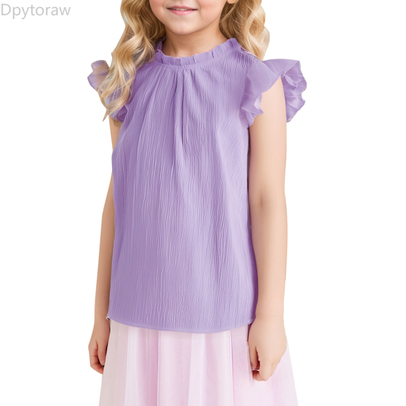 Dpytoraw Solid Color Ruffled Short Sleeve Fashion Casual Cute Girl Ruffled Neck Pleated Texture Shirt Summer Girl Tops Size Purple 7-8 Years