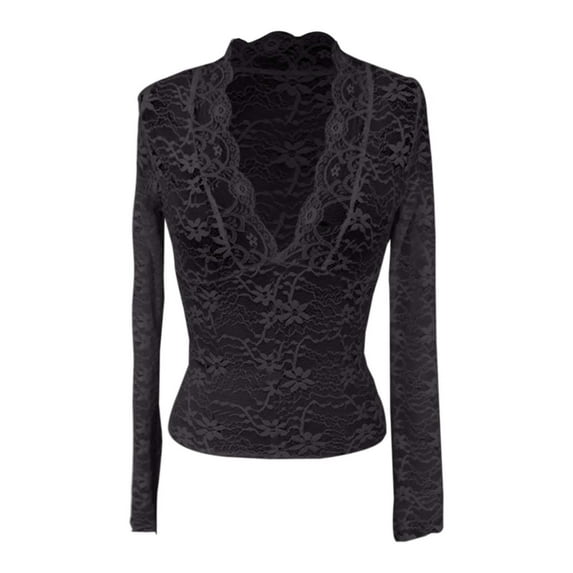 Dpytoraw Solid Color Slim Fit V Neck Long Sleeve Lace Camisole Top