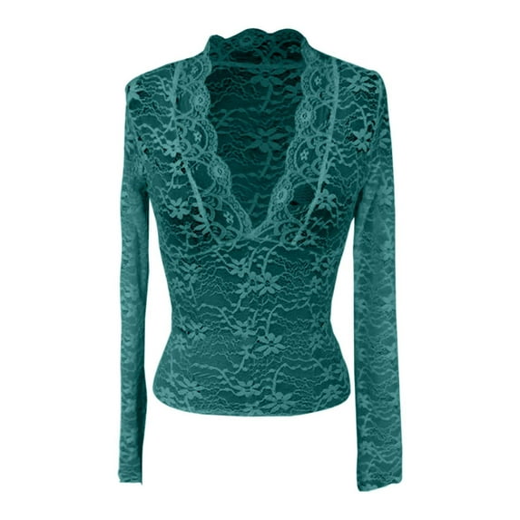 Dpytoraw Solid Color Slim Fit V Neck Long Sleeve Lace Camisole Top