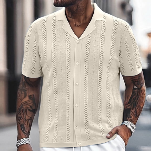 Dpytoraw Solid Color Striped Hollow Knitted Shirt For Men Casual Loose Comfortable Trendy Business Foreign Trade Lapel Breasted Short Sleeved Shirt Men’s Slim Fit Shirts