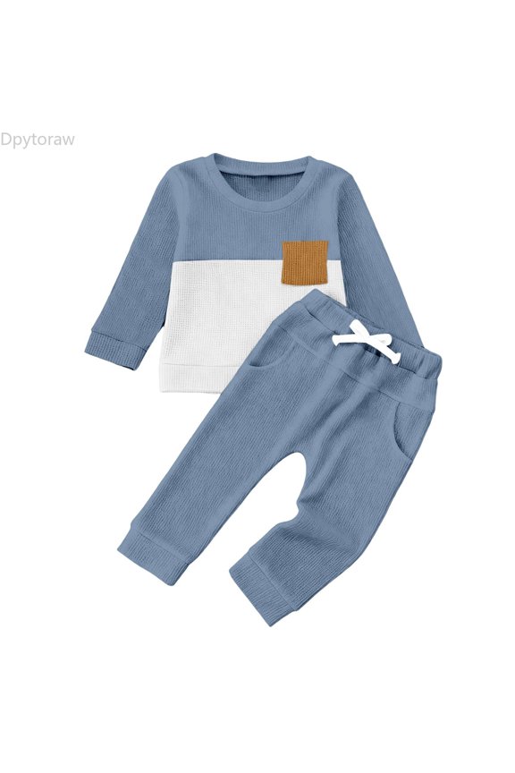 Stylish Two Tone Long Sleeve Crewneck Pullover And Pants Outfit For Toddler And Little Boys Comfortable Casual Playwear Boys Outfits Size 6-12 Months