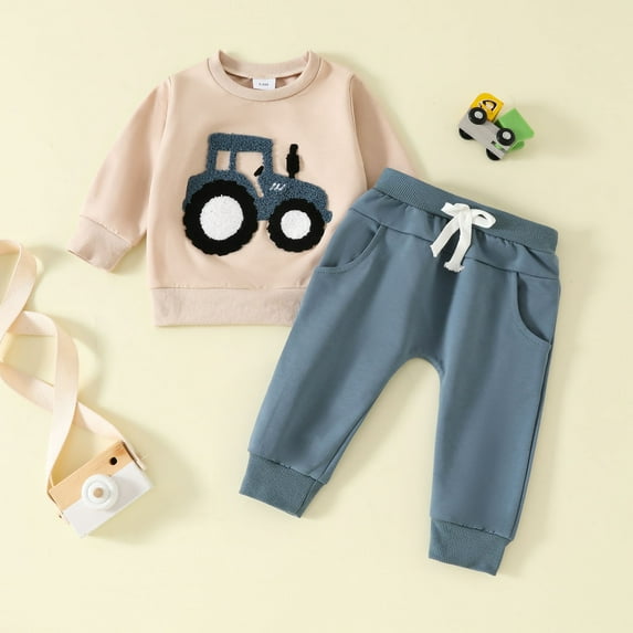 Dpytoraw Toddler 2 Pieces Baby Clothing Set Boys Tractor Car Jogging Suit Pullover And Trousers Two Piece Set Size 6-12 Months