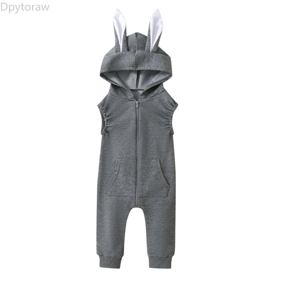 Dpytoraw Toddler Baby Girl Outfit Clothes Bunny Ear Romper Zipper Hooded Bodysuit Sleeveless Jumpsuit Back to school outfits 2026 Size Gray 6-9 Months