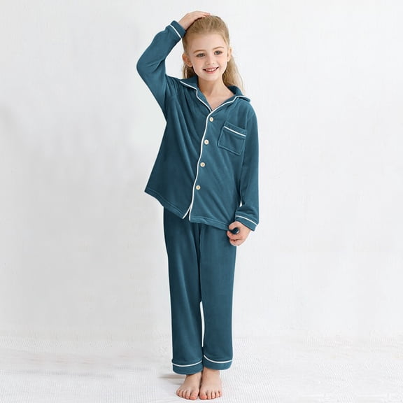 Dpytoraw Toddler Girls Boys Winter Long Sleeve Pocket Tops Coat Pants 2PCS Outfits Clothes Set For Children Clothes Comfort Fleece ‌Girls lounge sets Size Blue 8-9 Years