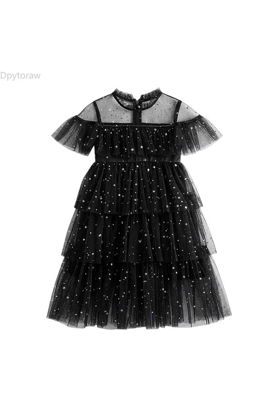 Toddler Girls Fly Sleeve Star Moon Sequin Dress Dance Party Ruffles Dresses Clothes Girls Tulle Dresses Size 4-5 Years