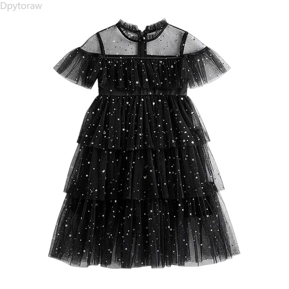 Dpytoraw Toddler Girls Fly Sleeve Star Moon Sequin Dress Dance Party Ruffles Dresses Clothes Girls Tulle Dresses Size 4-5 Years