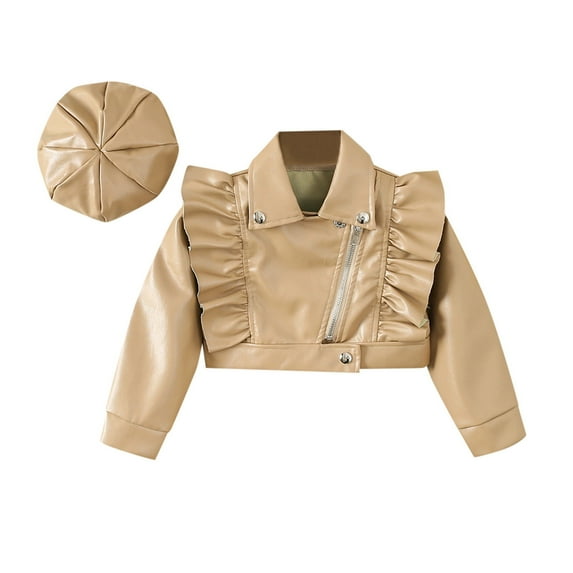Dpytoraw Toddler Girls Leather Motorcycle Jacket Cute Ruffle Spring Fall PU Coat And Hat 2 To 7 Years Size 3-4 Years