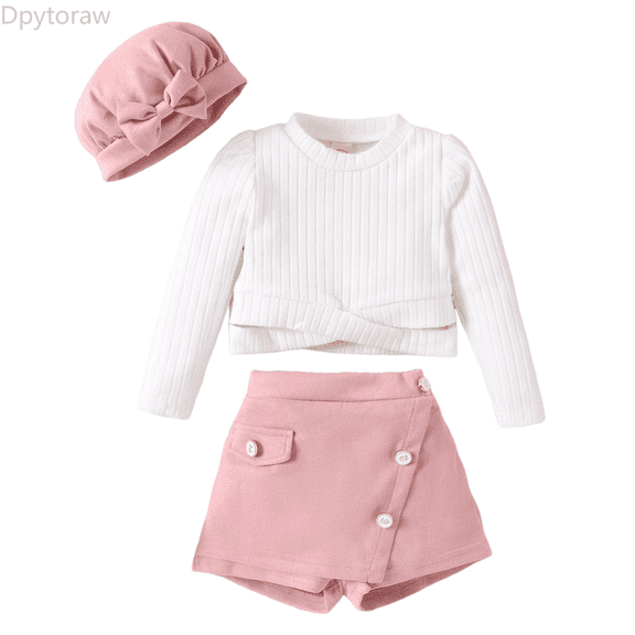 Dpytoraw Toddler Girls Long Sleeve Solid Colour Ribbed Tops Skirt Bowknot Hat Three Piece Outfits Set For Kids Clothes Spring floral girls matching sets Size White 2-3 Years