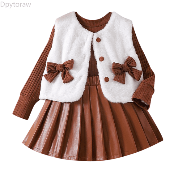 Dpytoraw Toddler Girls Long Sleeve Sweater And Brushed Vest Tops And Pleated Skirt Outfits Spring floral girls matching sets Size Brown 2-3 Years