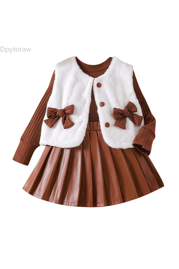 Toddler Girls Long Sleeve Sweater And Brushed Vest Tops And Pleated Skirt Outfits Spring floral girls matching sets Size Brown 6-7 Years